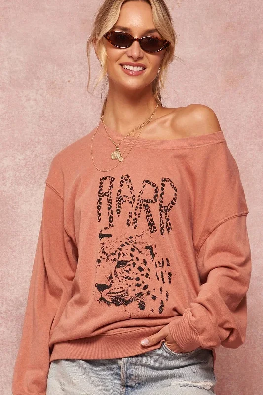 A Garment Dyed French Terry Graphic Sweatshirt in Rose Hoodie with Set-In Sleeves Structured Classic