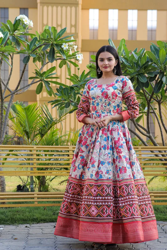 Jyoti Fashion Women's Multicolor Banarasi Silk Kalamkari Print with Jacquard Weaving Anarkali Dress Tunics Stylish elegant Jyoti Fashion Women's Multicolor Banarasi Silk Kalamkari Print with Jacquard Weaving Anarkali Dress Tunics Stylish elegant