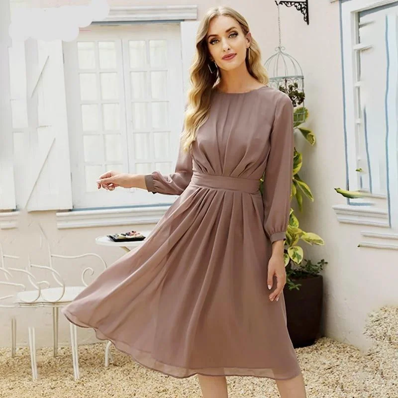 Women Elegant Brown Chiffon Dress Tunics Lace romantic