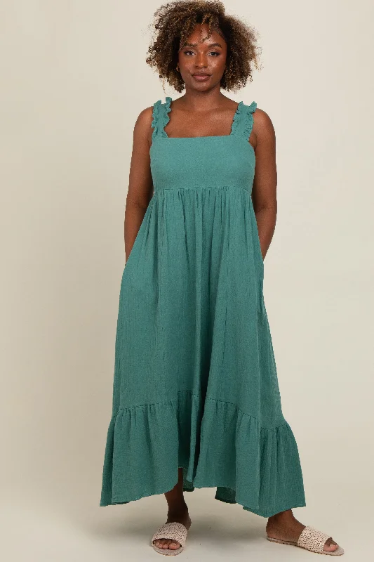 Forest Green Ruffle Strap Cutout Back Tie Dress Maxi Flowy Bohemian