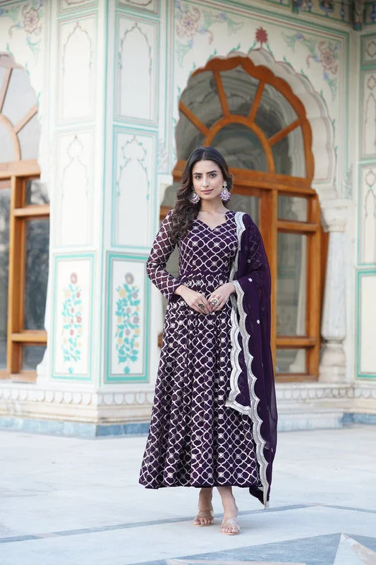 Jyoti Fashion Women's Wine Faux Blooming Sequins Embroidered Partywear Anarkali Dress with Dupatta Tunics Floral girly Jyoti Fashion Women's Wine Faux Blooming Sequins Embroidered Partywear Anarkali Dress with Dupatta Tunics Floral girly