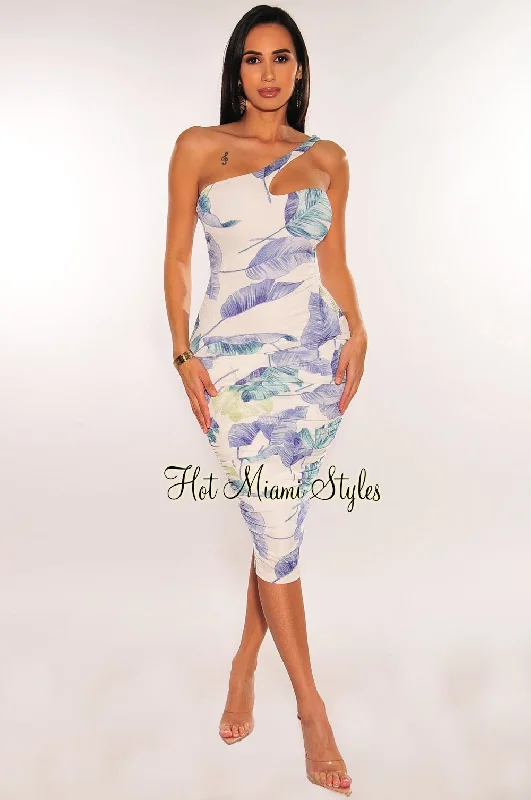 White Blue Green Floral Print One Shoulder Ruched Dress Tunics Long Elegant