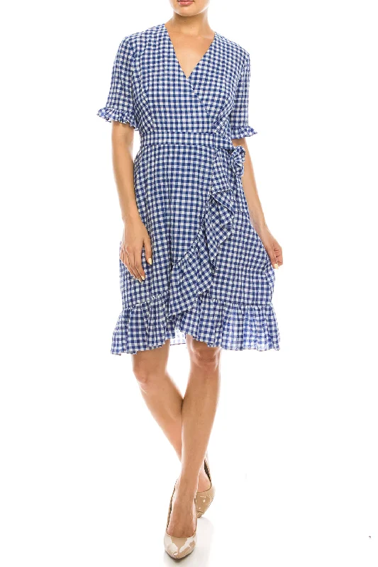 Maggy London Blue White Gingham Printed Ruffled Dress Tunics Solid Classic