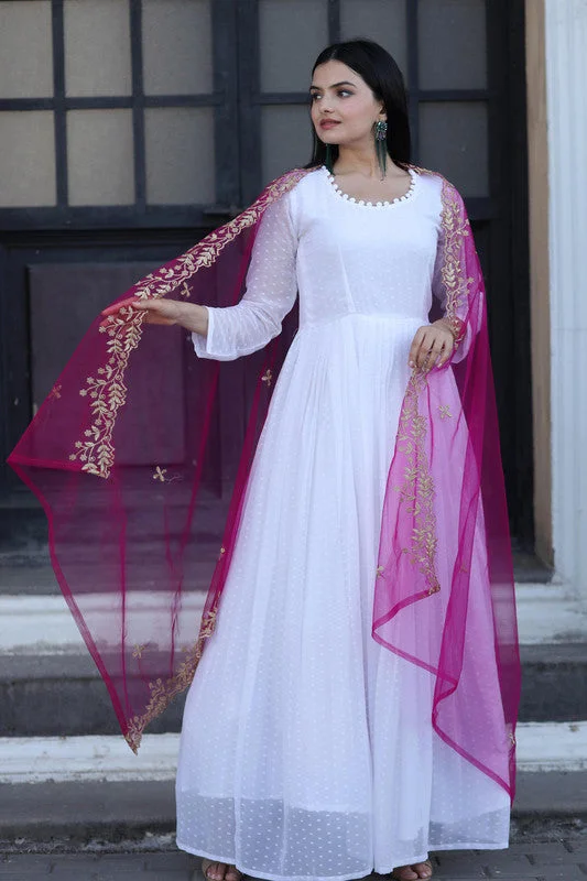Jyoti Fashion Women's White Faux Georgette Butti work Anarkali Dress with Dupatta Tunics Winter warm Jyoti Fashion Women's White Faux Georgette Butti work Anarkali Dress with Dupatta Tunics Winter warm