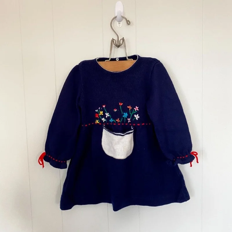 Vintage Toddler Girls Navy Blue Knit Dress with Flowers Tunics Long Elegant