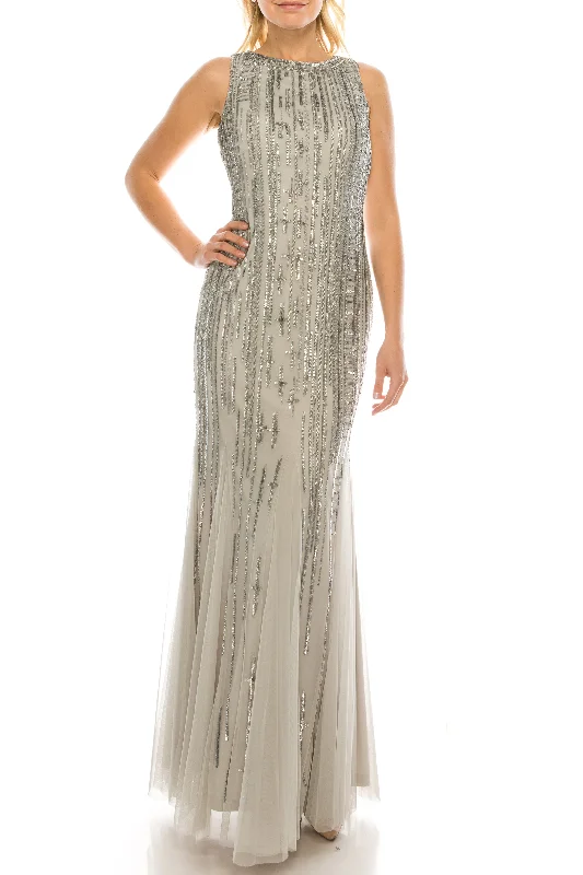Aidan Mattox Silver Vertical Beaded Evening Dress with Open Back Tunics Sophisticated sleek Aidan Mattox Silver Vertical Beaded Evening Dress with Open Back Tunics Sophisticated sleek