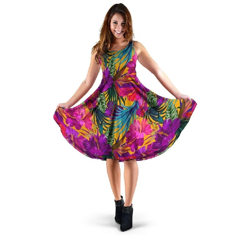 Tropical Hibiscus Flower Hawaiian Print Dress Tunics Silk luxurious