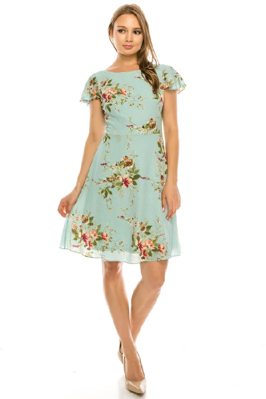 London Times Polka Dotted Floral Ruffle Cap Sleeve Dress Tunics Essential wardrobe