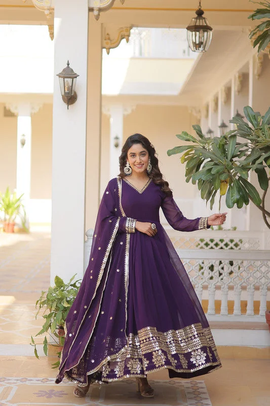 Jyoti Fashion Women's Purple Faux Blooming Sequins Embroidered Partywear Anarkali Dress with Dupatta Square Neckline Feminine Jyoti Fashion Women's Purple Faux Blooming Sequins Embroidered Partywear Anarkali Dress with Dupatta Square Neckline Feminine