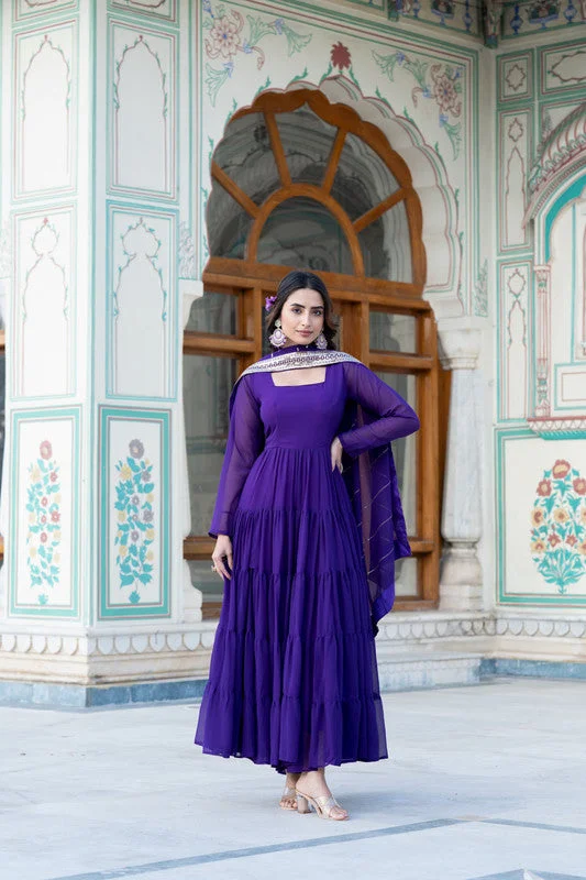 Jyoti Fashion Women's Purple Faux Georgette Frill Work Partywear Anarkali Dress with Dupatta Tunics Fashionable trendy Jyoti Fashion Women's Purple Faux Georgette Frill Work Partywear Anarkali Dress with Dupatta Tunics Fashionable trendy