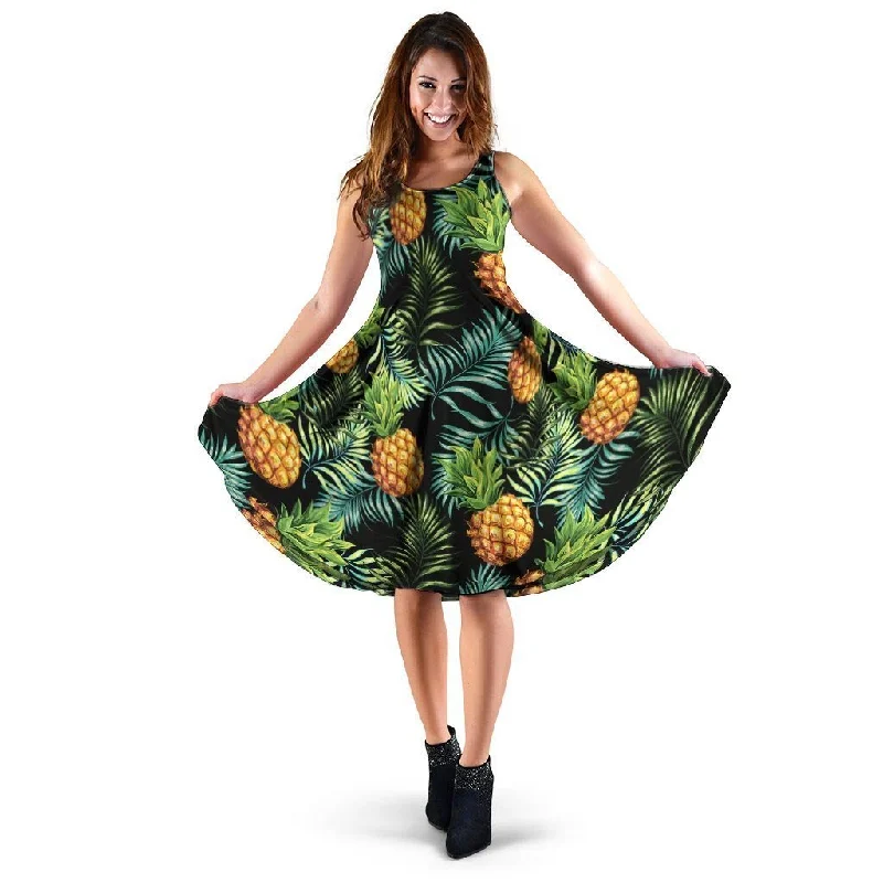 Tropical Palm Leaf Pineapple Print Dress Crew Neckline Casual