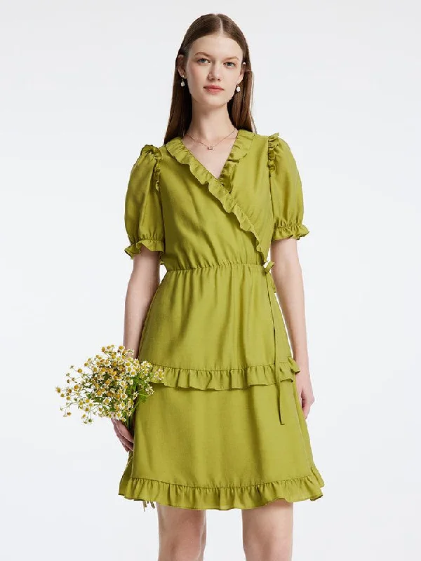One-piece Ruffle Green V-Neck Dress Tunics Exclusive limited