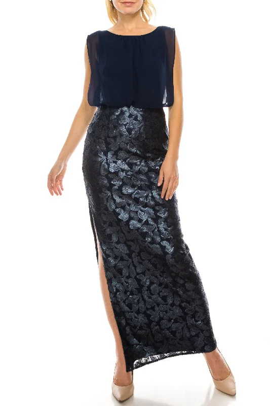 Aidan Mattox Navy Blouson Column Evening Dress Casual Short Summer