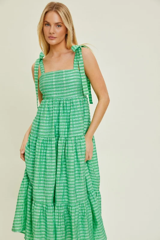 Green Gingham Shoulder Tie Dress Tunics Brand named