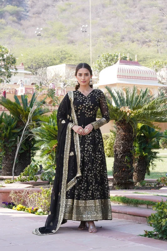 Jyoti Fashion Women's Black Faux Blooming Sequins Thread Embroidered Anarkali Dress with Dupatta Tunics Fashionable chic Jyoti Fashion Women's Black Faux Blooming Sequins Thread Embroidered Anarkali Dress with Dupatta Tunics Fashionable chic