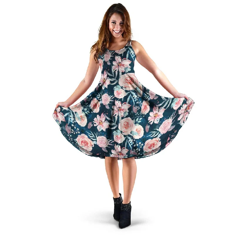 Watercolor Pink Rose Floral Dress empire Waist empire
