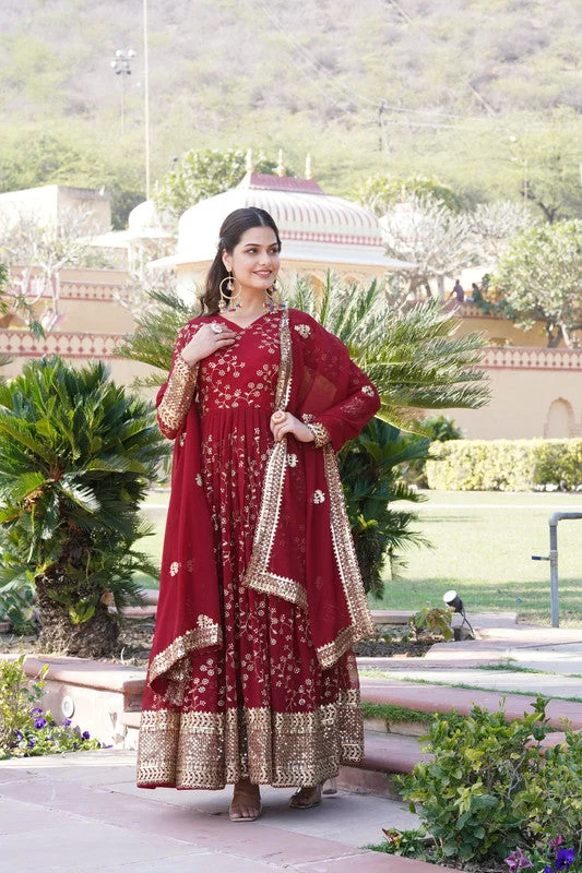Jyoti Fashion Women's Maroon Faux Blooming Sequins Thread Embroidered Anarkali Dress with Dupatta Shift Classic Vintage