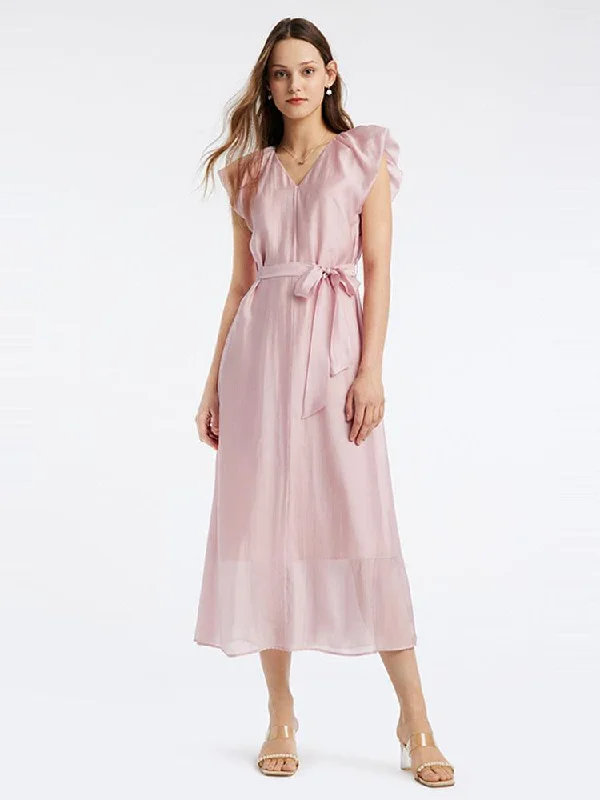 Pink V-Neck Ruffle Sleeve Dress Tunics Party sparkling