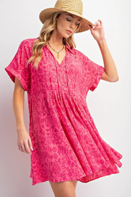 Fuchsia Printed Front Tie Dress Tunics Trendy modern
