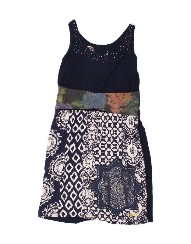 DESIGUAL Womens Sleeveless A-Line Dress UK 10 Small Navy Blue Patchwork Tunics Business professional