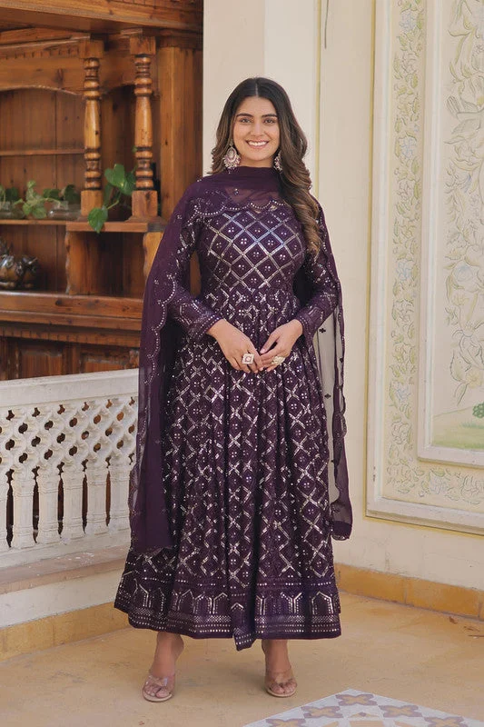 Jyoti Fashion Women's Wine Faux Blooming Sequins Embroidered Partywear Anarkali Dress with Dupatta Tunics Leisure comfortable Jyoti Fashion Women's Wine Faux Blooming Sequins Embroidered Partywear Anarkali Dress with Dupatta Tunics Leisure comfortable