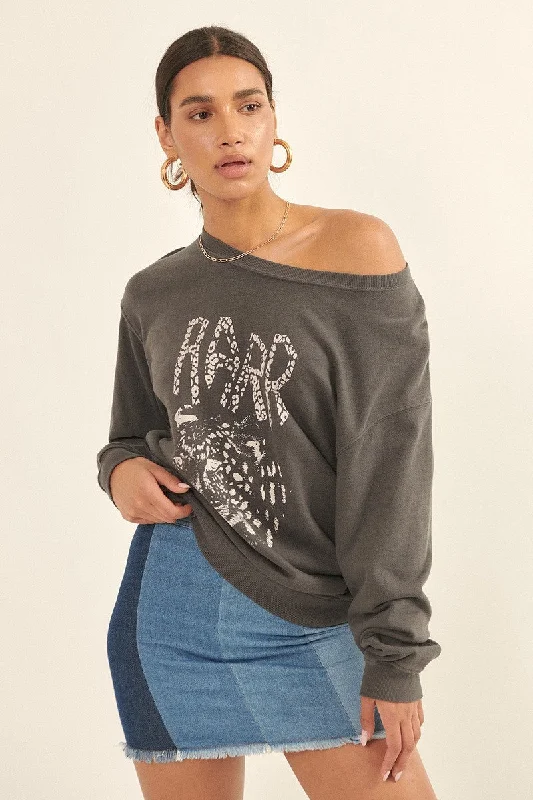 A Garment Dyed French Terry Graphic Sweatshirt in Charcoal Hoodie with Drop Shoulder Relaxed Streetwear