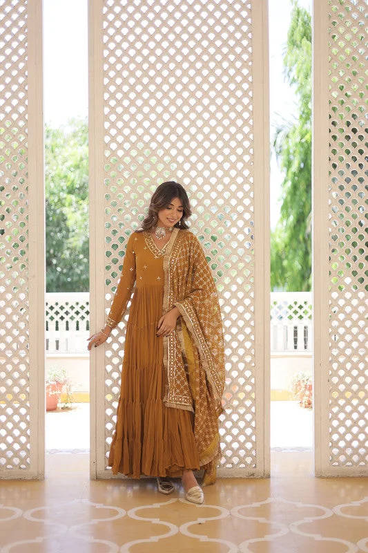 Jyoti Fashion Women's Mustard Faux Georgette Embroidered Partywear Anarkali Dress with Dupatta Elegant Long Evening Jyoti Fashion Women's Mustard Faux Georgette Embroidered Partywear Anarkali Dress with Dupatta Elegant Long Evening