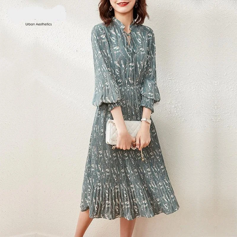 Elegant Pleated Midi Chiffon Dress for Women Cowl Neckline Elegant