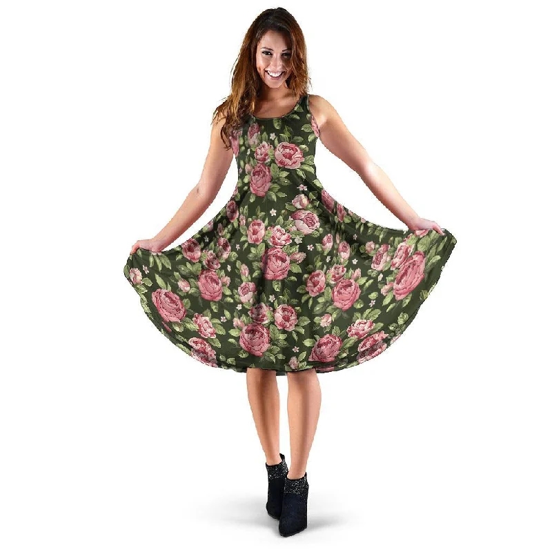 Vintage Pink Rose Floral Print Dress Tunics Velvet soft