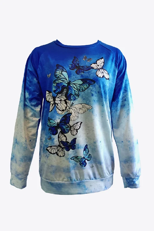 Tie-Dye Butterfly Graphic Raglan Sleeve Sweatshirt Hoodie with Contrast Stitching Detailed Premium Tie-Dye Butterfly Graphic Raglan Sleeve Sweatshirt Hoodie with Contrast Stitching Detailed Premium