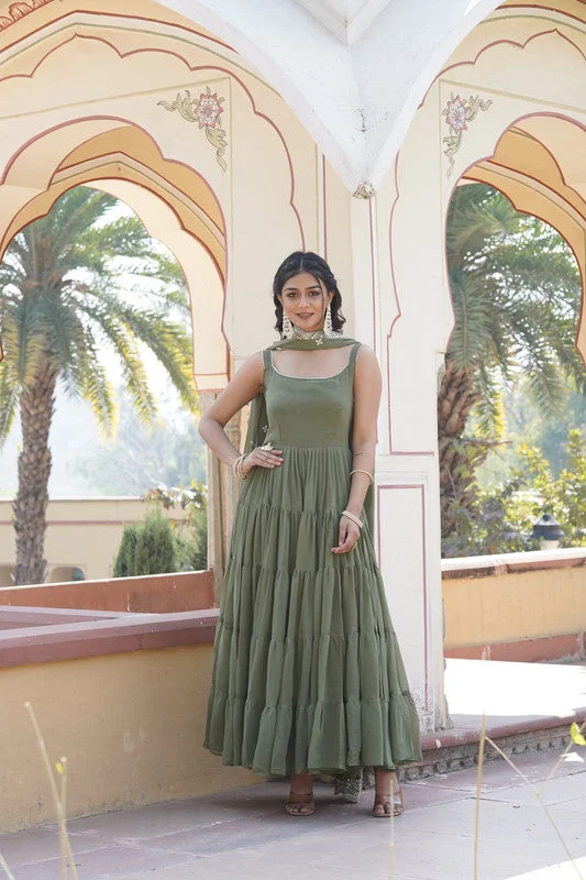 Jyoti Fashion Women's Green Faux Georgette Frill Work Partywear Anarkali Dress with Dupatta Tunics Stylish elegant Jyoti Fashion Women's Green Faux Georgette Frill Work Partywear Anarkali Dress with Dupatta Tunics Stylish elegant