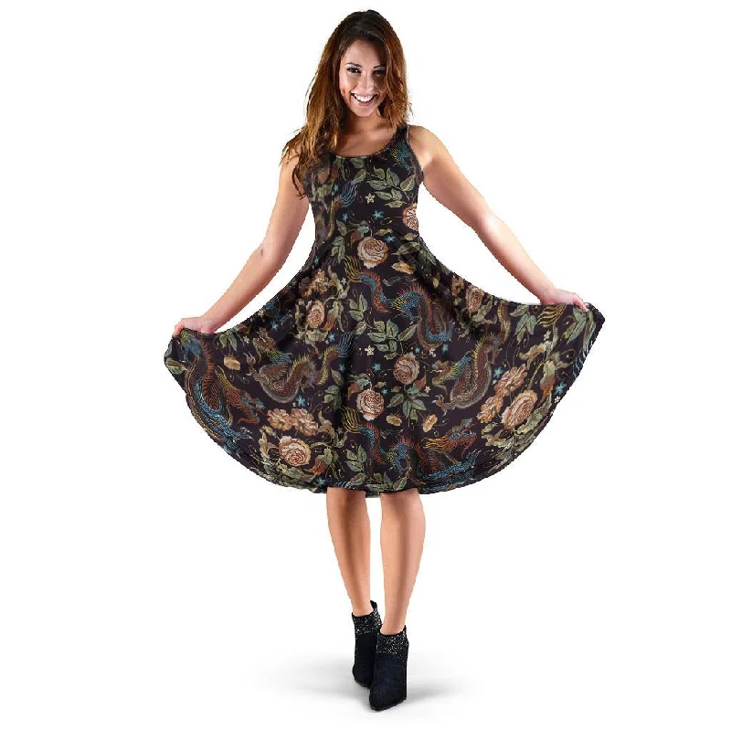 Vintage Chinese Dragon Floral Print Dress Tunics Yoga stretchy