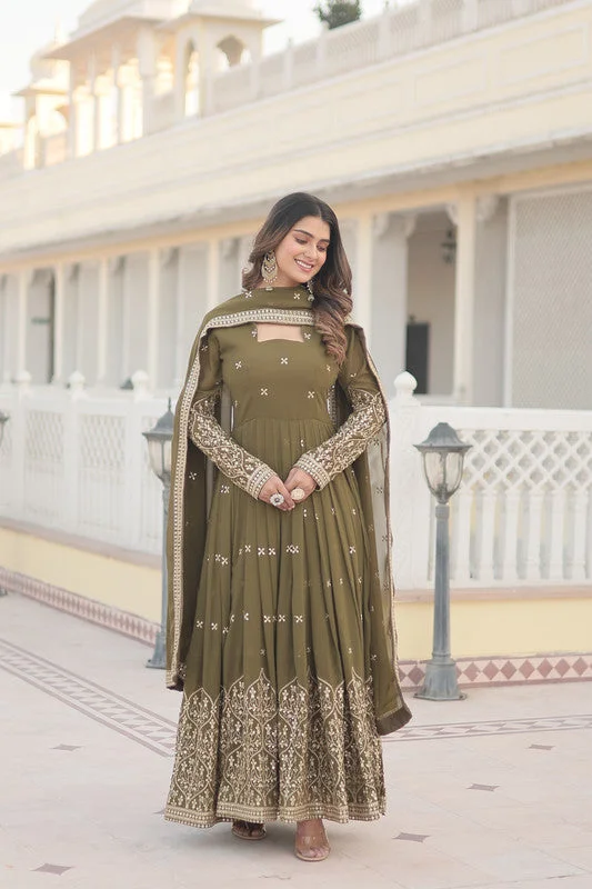 Jyoti Fashion Women's Mehendi Faux Georgette Sequins Embroidered Partywear Anarkali Dress with Dupatta Turtleneck Neckline Stylish Jyoti Fashion Women's Mehendi Faux Georgette Sequins Embroidered Partywear Anarkali Dress with Dupatta Turtleneck Neckline Stylish