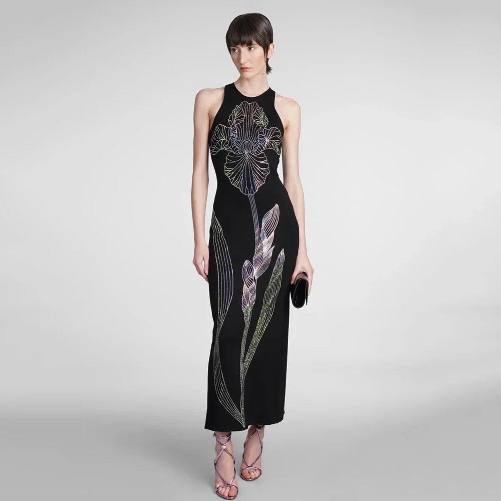Black Sleeveless Maxi Bandage Dress with Diamond Flower Detail - Elegant Choice for Celebrity Parties & Events Tunics Prom sequined