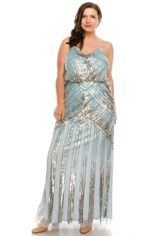 Aidan Mattox Cloud Blue Beaded Mesh Long Evening A-Line Dress Tunics Seasonal trendy