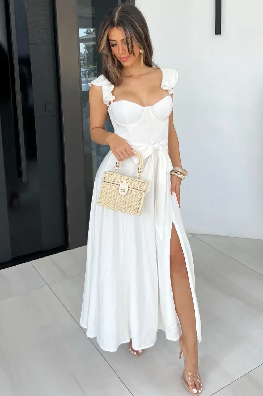 Off White Padded Underwire Belted Ruffle Slit Dress Tunics Versatile all-occasion