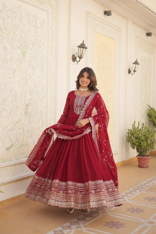 Jyoti Fashion Women's Maroon Silver Faux Blooming Sequins Embroidered Partywear Anarkali Dress with Dupatta Turtleneck Neckline Stylish Jyoti Fashion Women's Maroon Silver Faux Blooming Sequins Embroidered Partywear Anarkali Dress with Dupatta Turtleneck Neckline Stylish