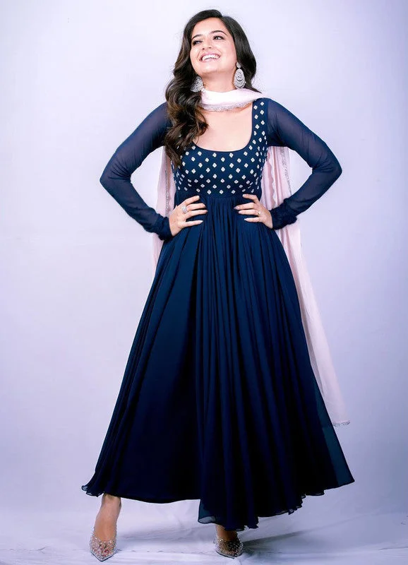 Jyoti Fashion Women's Navy Blue Faux Blooming Thread Embroidery Partywear Anarkali Dress with Dupatta Tunics Sophisticated sleek Jyoti Fashion Women's Navy Blue Faux Blooming Thread Embroidery Partywear Anarkali Dress with Dupatta Tunics Sophisticated sleek