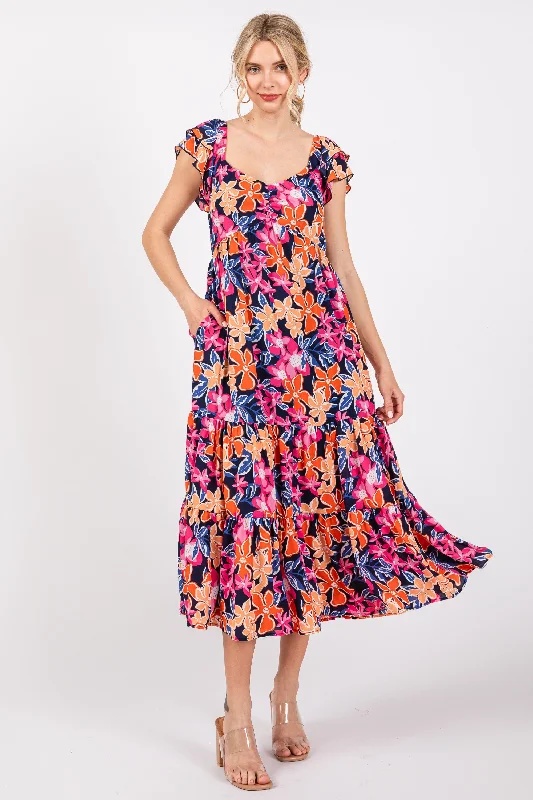 Navy Blue Floral Printed Tiered Flutter Sleeve Dress Tunics Corduroy durable
