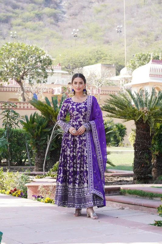 Jyoti Fashion Women's Purple Viscose Jacquard with Sequins Embroidered Anarkali Dress with Dupatta Tunics Trendy modern Jyoti Fashion Women's Purple Viscose Jacquard with Sequins Embroidered Anarkali Dress with Dupatta Tunics Trendy modern