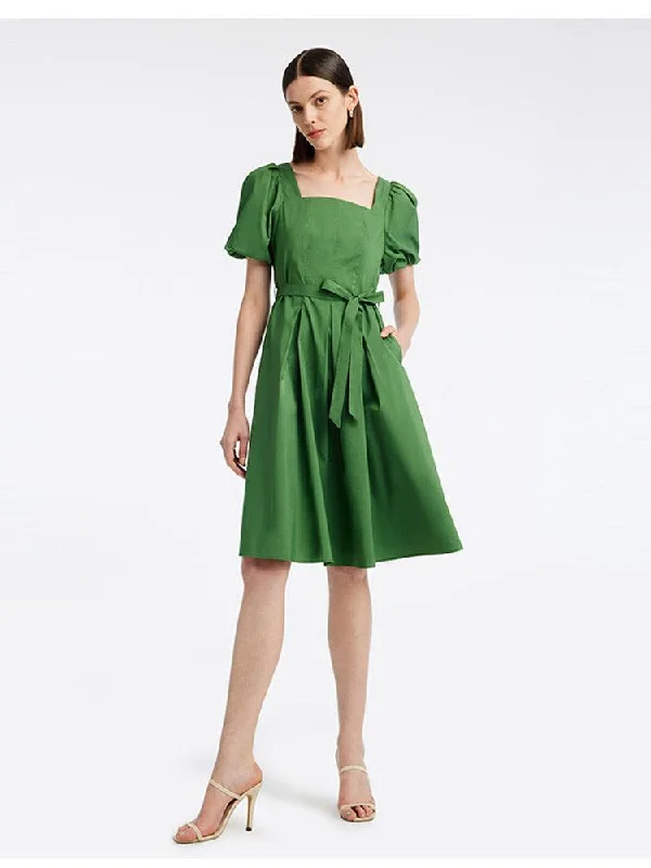 Green Square Neck Puff Sleeve A-Line Dress Tunics Ceremony elegant