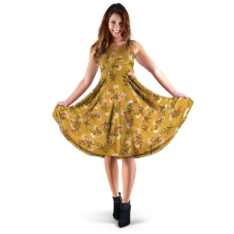 Yellow Floral Retro Print Dress Tunics Polka dots