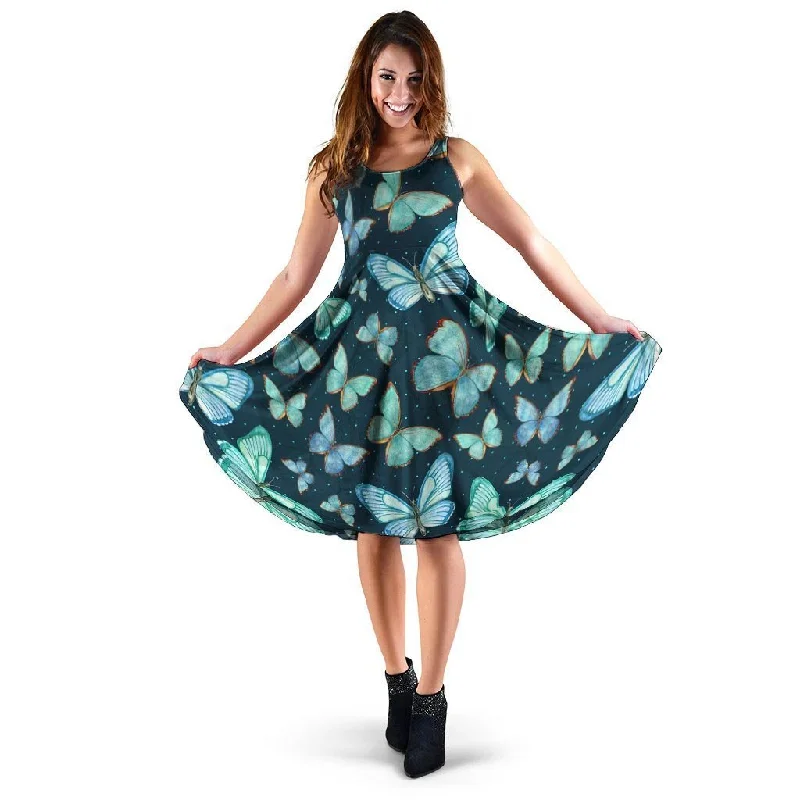 Turquoise Butterfly Print Dress Casual Short Summer