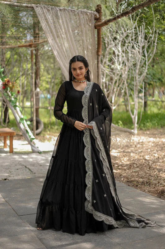 Jyoti Fashion Women's Black Faux Georgette 5 Layer Frill Anarkali Dress with Dupatta Tunics Chic elegant