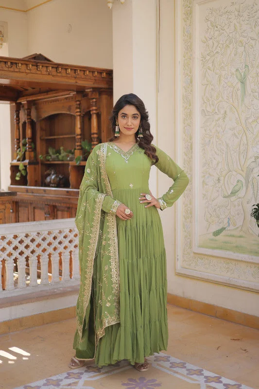 Jyoti Fashion Women's Green Faux Georgette Embroidered Partywear Anarkali Dress with Dupatta Off-the-shoulder Chic Trendy Jyoti Fashion Women's Green Faux Georgette Embroidered Partywear Anarkali Dress with Dupatta Off-the-shoulder Chic Trendy