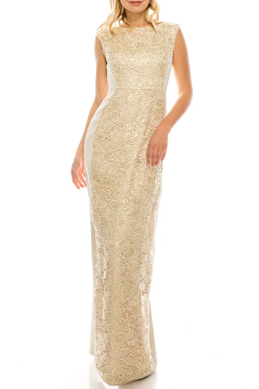 Adrianna Papell Champagne Embroidered Lace Inset Column Evening Dress Tunics New arrival Adrianna Papell Champagne Embroidered Lace Inset Column Evening Dress Tunics New arrival