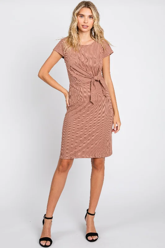 Mocha Ribbed Waist Tie Dress Pencil Office Professional