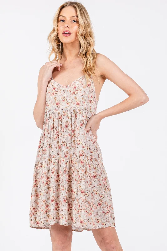 Taupe Floral Tiered Dress Tunics Party sparkling