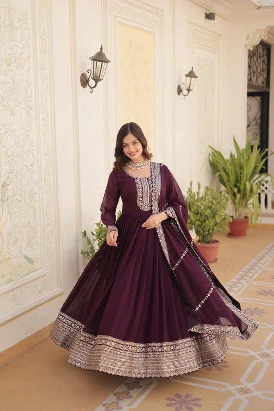 Jyoti Fashion Women's Wine Faux Blooming Silver Sequins Embroidered Partywear Anarkali Dress with Dupatta Tunics Plaid country Jyoti Fashion Women's Wine Faux Blooming Silver Sequins Embroidered Partywear Anarkali Dress with Dupatta Tunics Plaid country