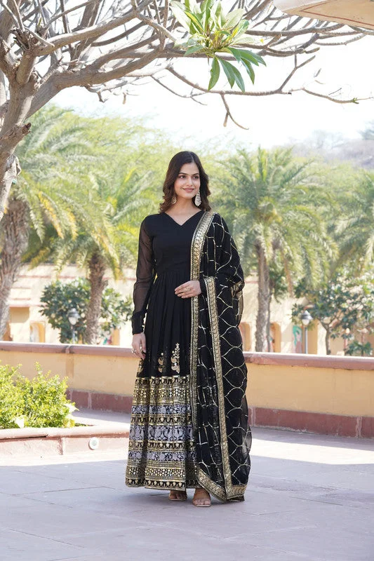 Jyoti Fashion Women's Black Faux Blooming Sequins Embroidered Partywear Anarkali Dress with Dupatta Tunics Top rated Jyoti Fashion Women's Black Faux Blooming Sequins Embroidered Partywear Anarkali Dress with Dupatta Tunics Top rated